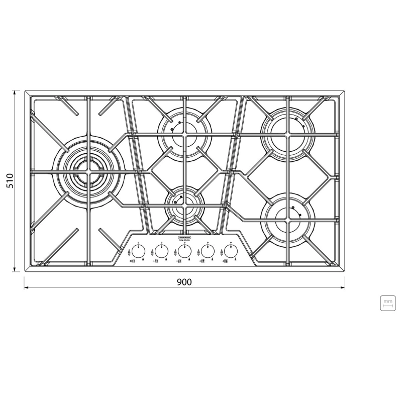Cooktop a Gás Tramontina Design Collection Penta Glass Full 5 GG W 90 em Vidro Temperado e Trempes em Ferro Fundido