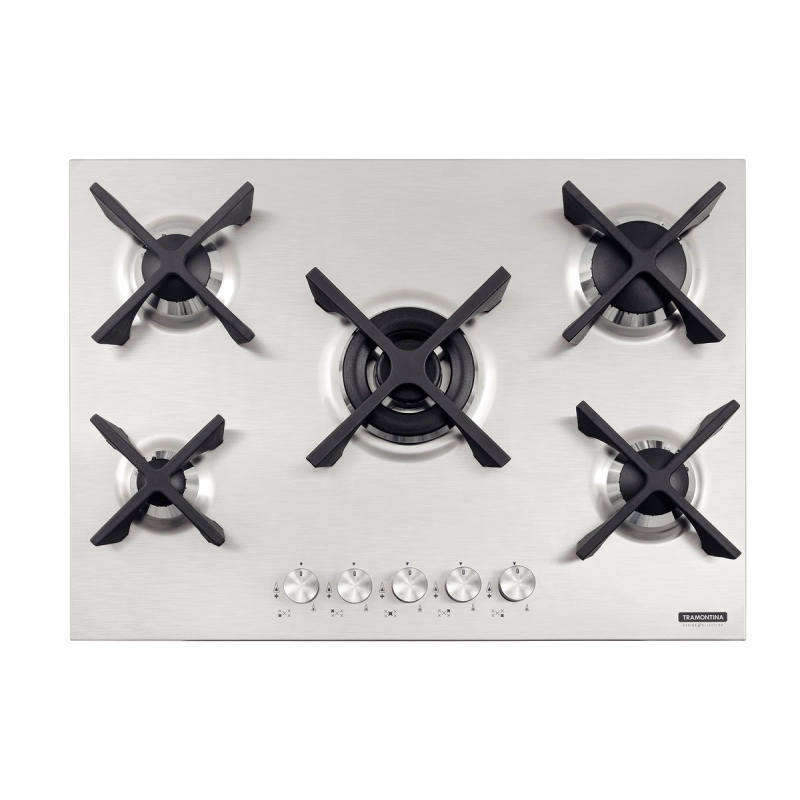 Cooktop a Gás Tramontina Design Collection Penta Inox Flat 5 GX 70 em Aço Inox e Trempes em Ferro Fundido com Acendimento Automático e 5 Queimadores