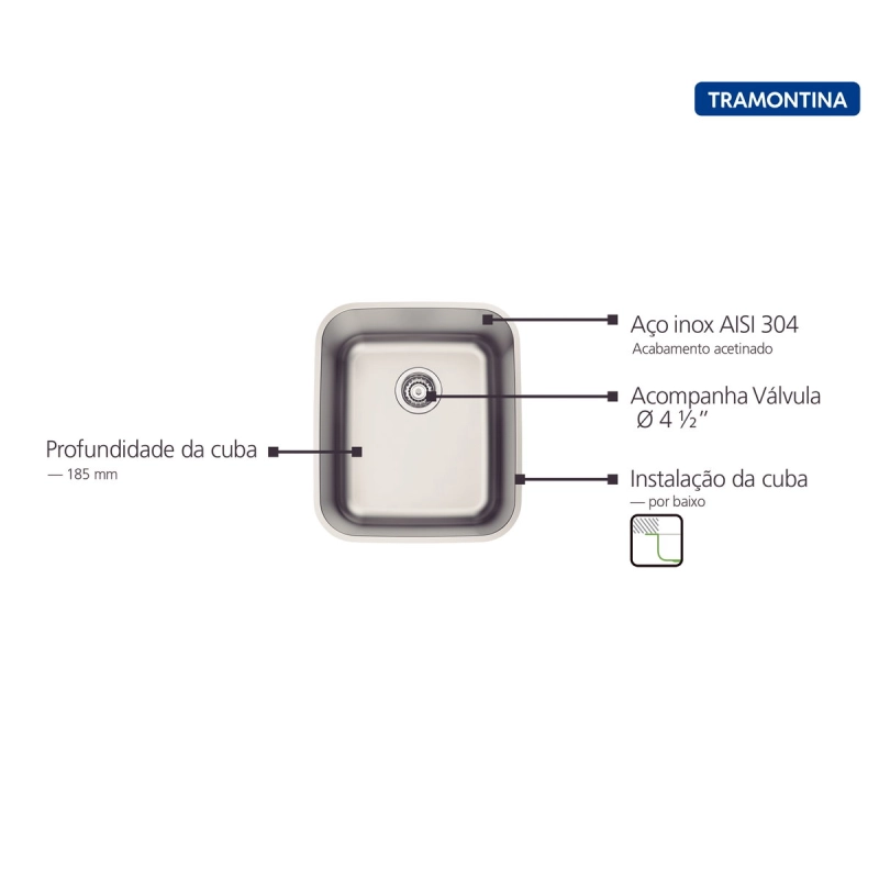 Cuba de Embutir Tramontina Dora 34 BL R6 em Aço Inox Escovado com Válvula 34x40 cm