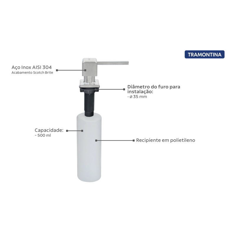 Dosador de Sabão Square Tramontina em Aço Inox com Recipiente Plástico 500 ml