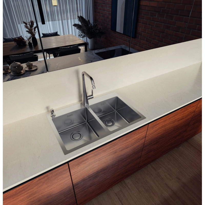 Cuba de Sobrepor Tramontina Design Collection Quadrum Flush em Aço Inox com Acabamento Acetinado 77x51 cm com 2 Cubas