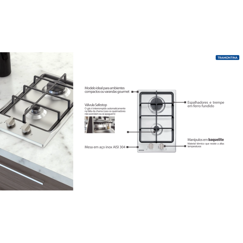 Cooktop a Gás Tramontina Dominó em Aço Inox e Trempes em Ferro Fundido com Acendimento Superautomático 2 Queimadores
