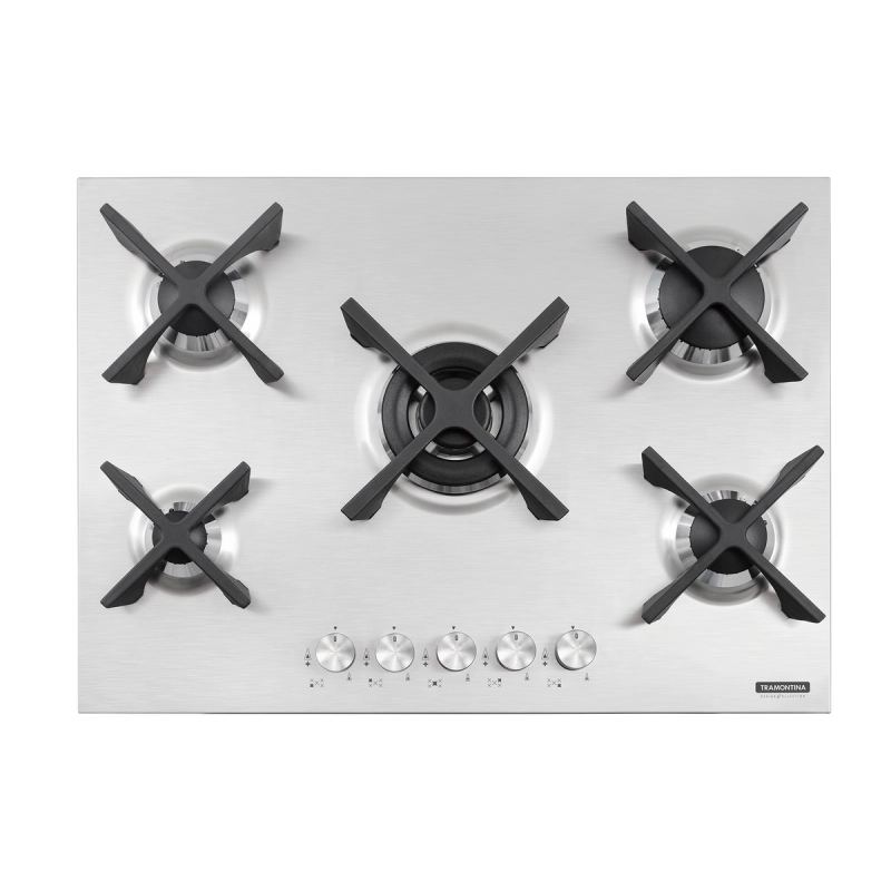 Cooktop a Gás Tramontina Design Collection Penta Inox Flat 5 GX 70 em Aço Inox e Trempes em Ferro Fundido com Acendimento Automático e 5 Queimadores