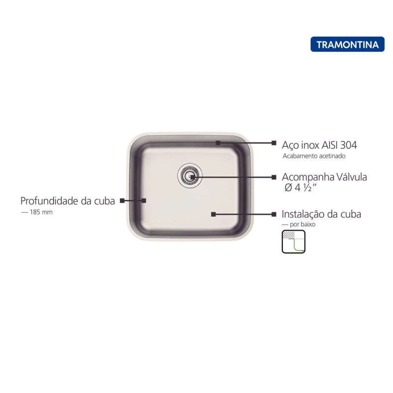 Cuba de Embutir Tramontina Dora 40 BL R6 em Aço Inox escovado com Válvula 4 1/2'' 40x34 cm