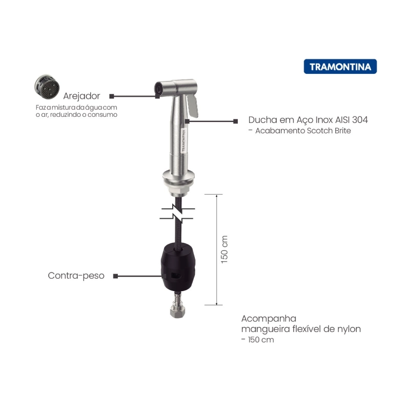 Ducha Manual para Cozinha Tramontina em Aço Inox com Extensor