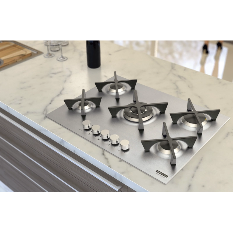 Cooktop a Gás Tramontina Design Collection Penta Inox Flat 5 GX 70 em Aço Inox e Trempes em Ferro Fundido com Acendimento Automático e 5 Queimadores