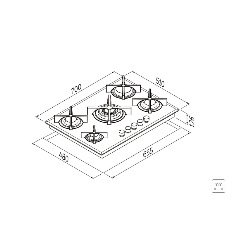 Cooktop a Gás Tramontina Design Collection Penta Glass Flat em Vidro Temperado e Trempes em Ferro Fundido com Acendimento Automático 5 Queimadores