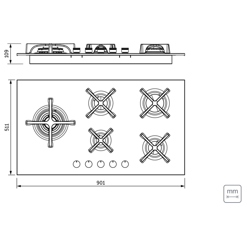 Cooktop a Gás Tramontina Design Collection Penta Glass Flat em Vidro Temperado e Trempes em Ferro Fundido com Acendiment