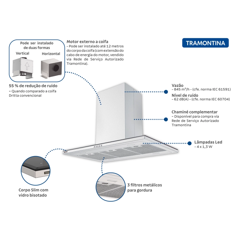 Coifa de Ilha Tramontina Slim Isla 90 Split em Aço Inox com Acabamento Acetinado 90 cm