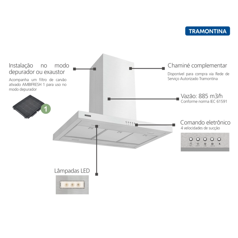 Coifa de Ilha Tramontina New Dritta Isla em Aço Inox 90 cm 220 V