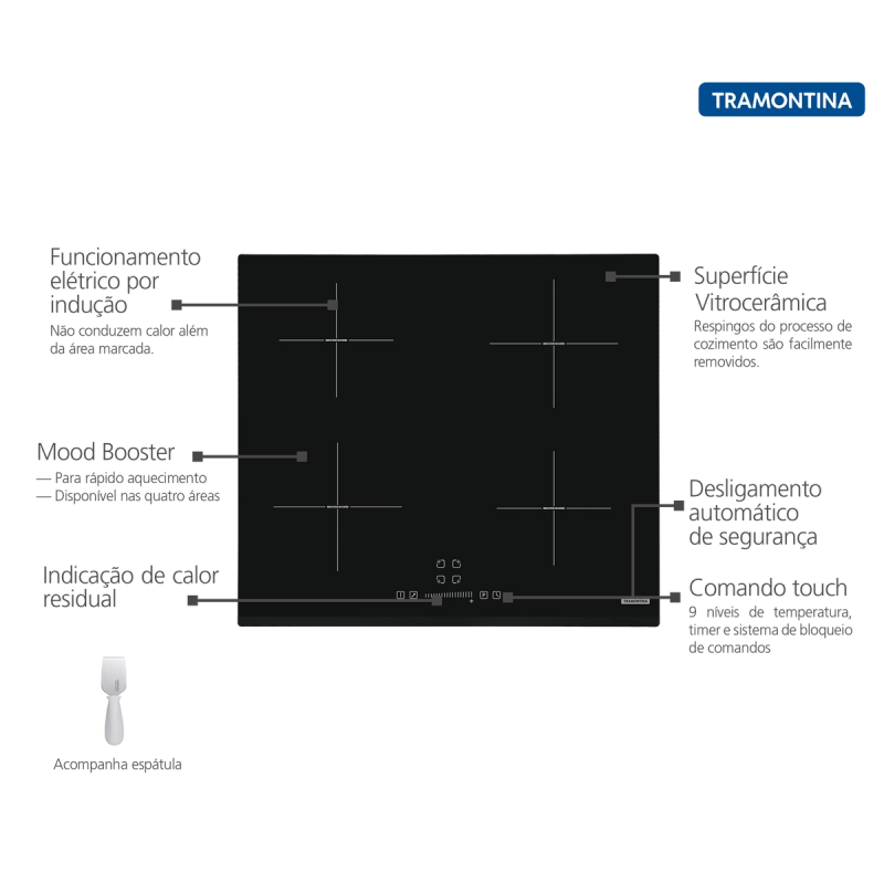 Cooktop por Indução Tramontina Square Slider B 4EI 60 Vitrocerâmico com 4 Áreas de Aquecimento e Comando Touch