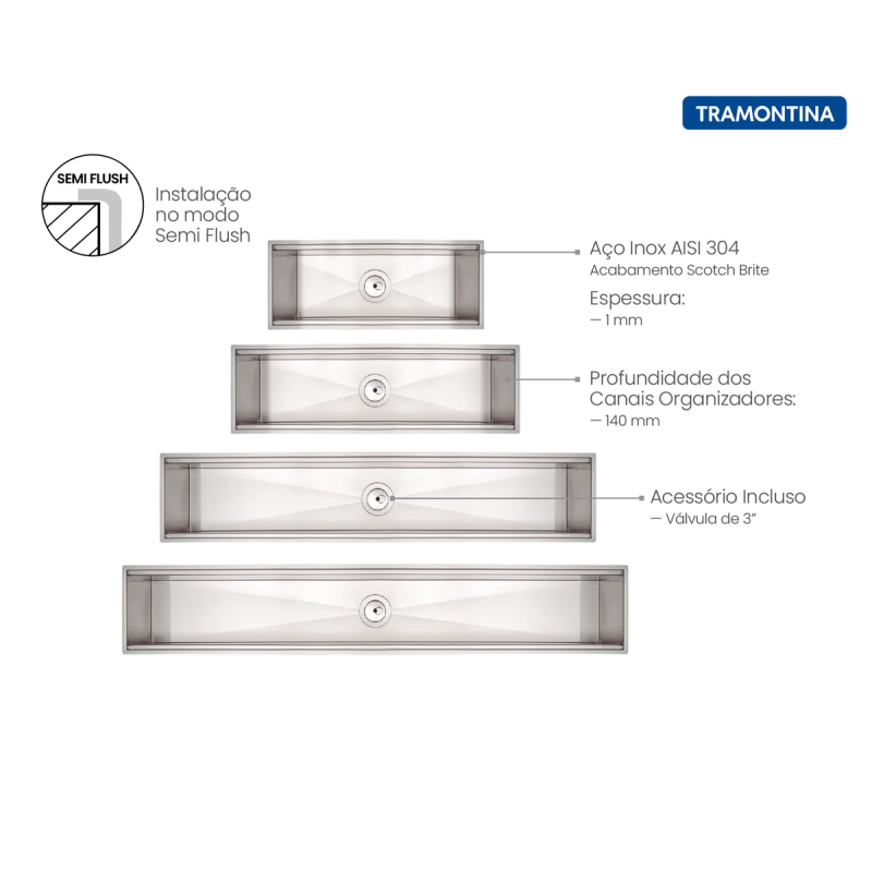 Canal Organizador em Aço Inox Tramontina para Sobrepor com Acabamento Acetinado 45x18 cm
