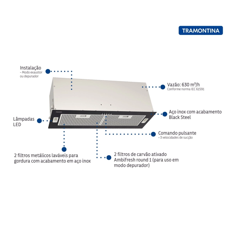 Coifa de Embutir Tramontina Incasso em Aço Inox Black Steel Retangular com revestimento anti digitais 75 cm 220 V