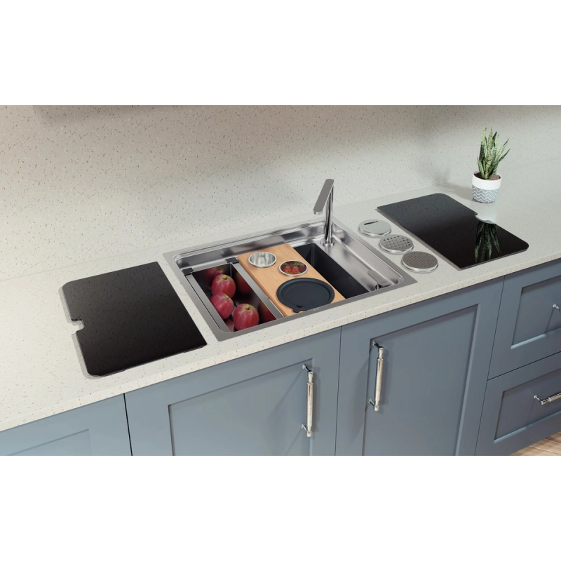 Cuba de Sobrepor Tramontina Design Collection Workstation Quadrum Deep 50 em Aço Inox com acessórios