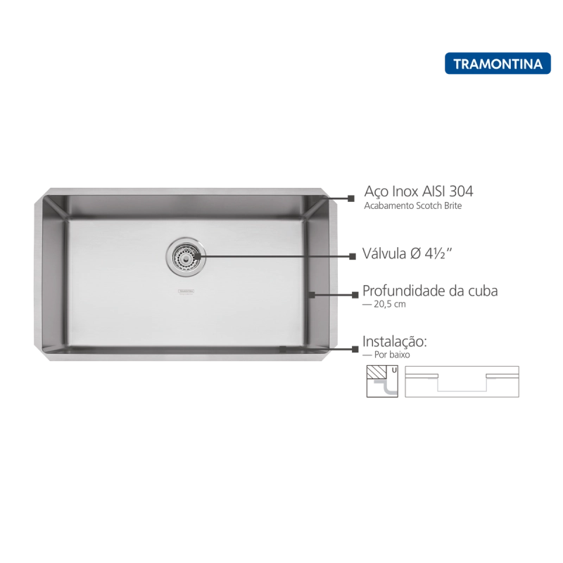 Cuba de embutir Tramontina Design Collection Quadrum Undermount em Aço Inox com Acabamento Acetinado 70 U 70x40 cm