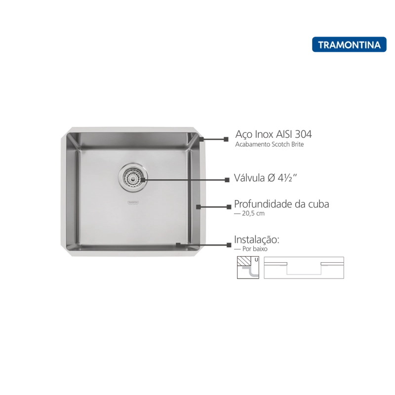 Cuba de embutir Tramontina Design Collection Quadrum Undermount em Aço Inox com Acabamento Acetinado 45 U 45x40 cm