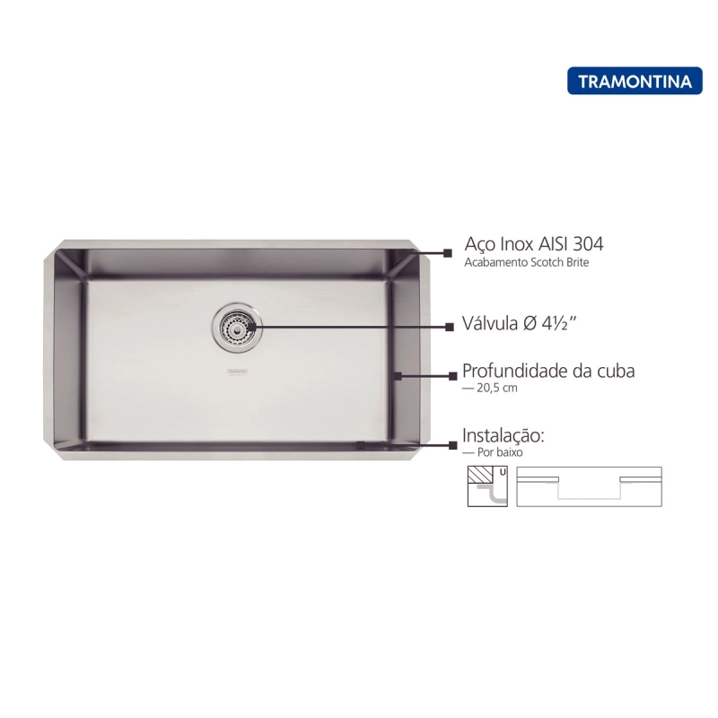 Cuba de embutir Tramontina Design Collection Quadrum Undermount em Aço Inox com Acabamento Acetinado 70 U 70x40 cm