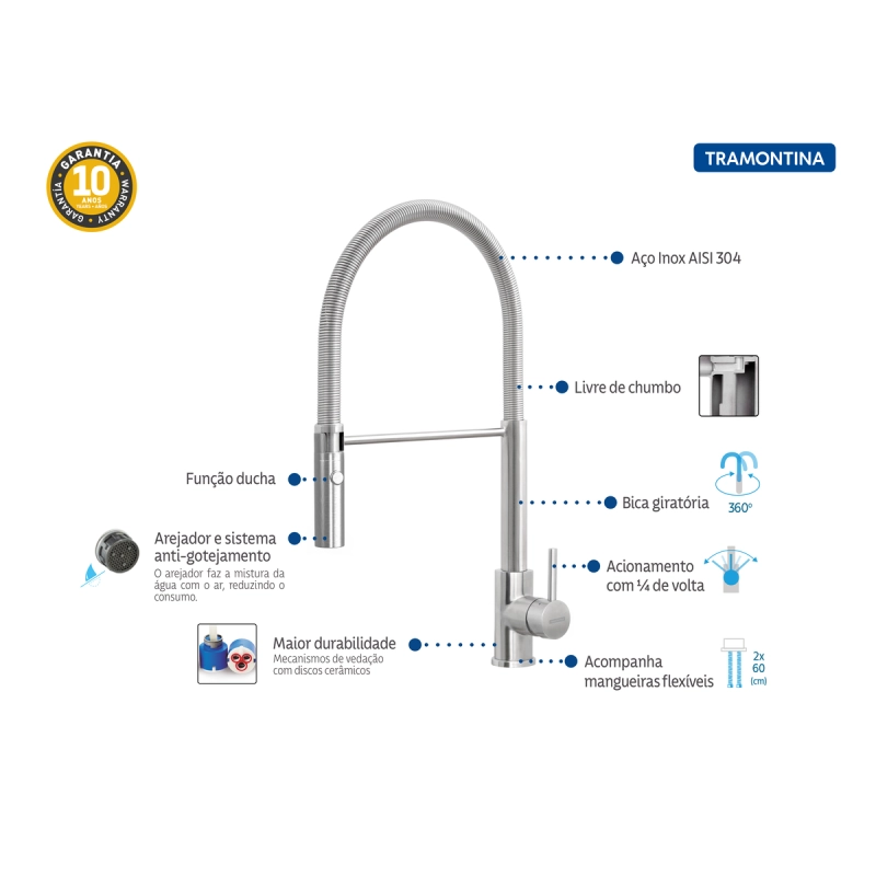 Monocomando Tramontina Versatile em Aço Inox com Bica Móvel