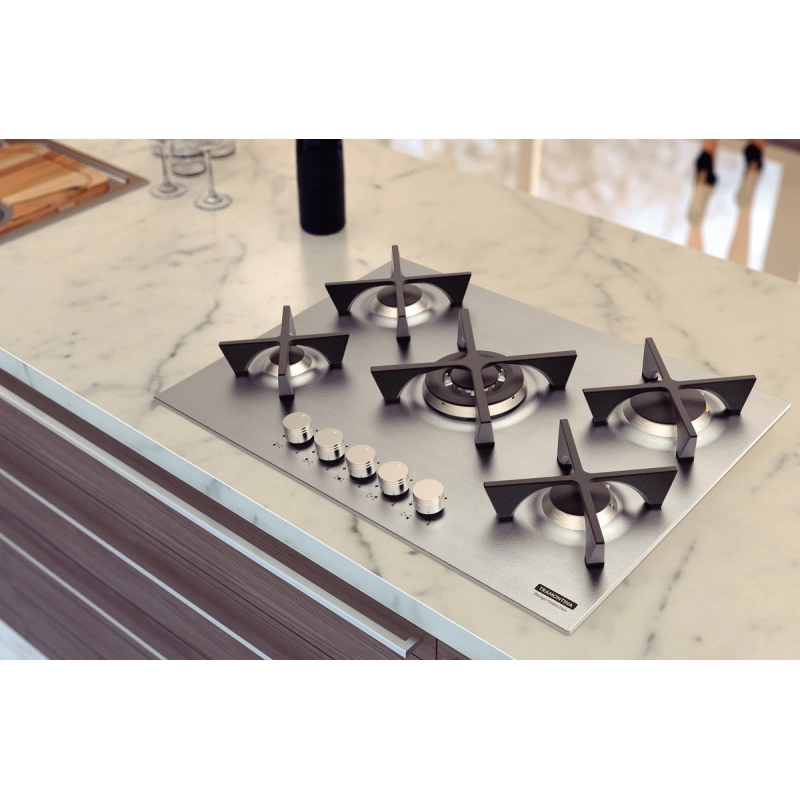 Cooktop a Gás Tramontina Design Collection Penta Inox Flat 5 GX 70 em Aço Inox e Trempes em Ferro Fundido com Acendimento Automático e 5 Queimadores