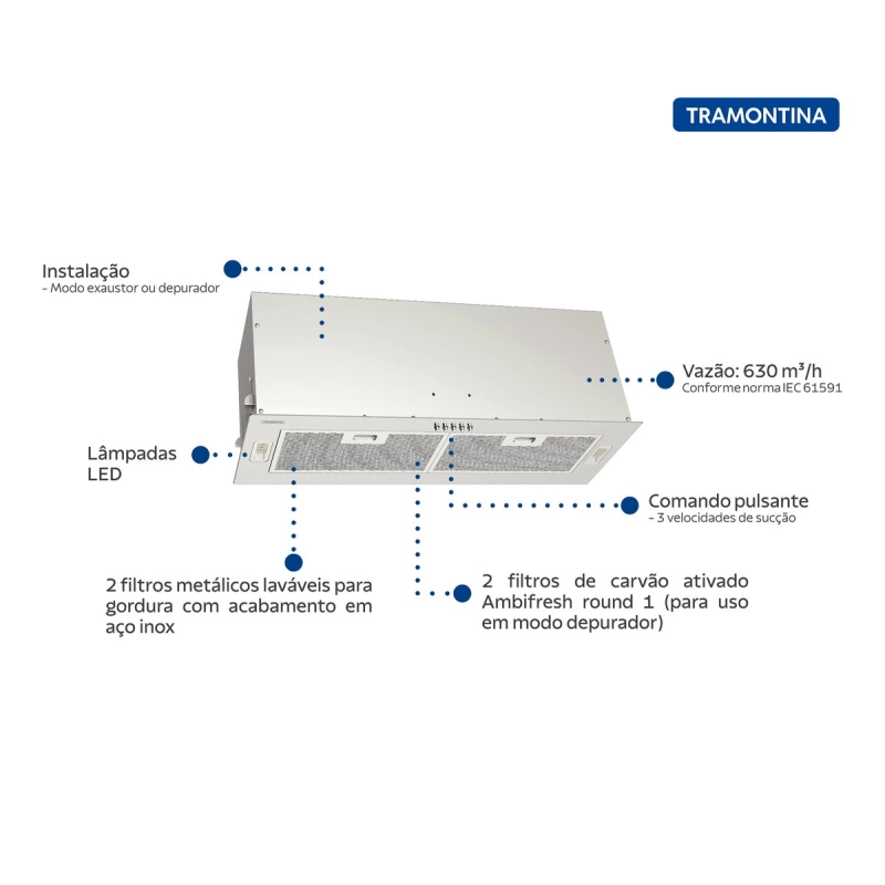 Coifa de Embutir Tramontina Incasso Retangular em Aço Inox 75 cm 127 V