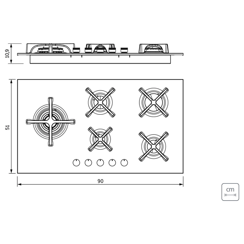 Cooktop a Gás Tramontina Design Collection Penta Glass Flat em Vidro Temperado e Trempes em Ferro Fundido com Acendiment