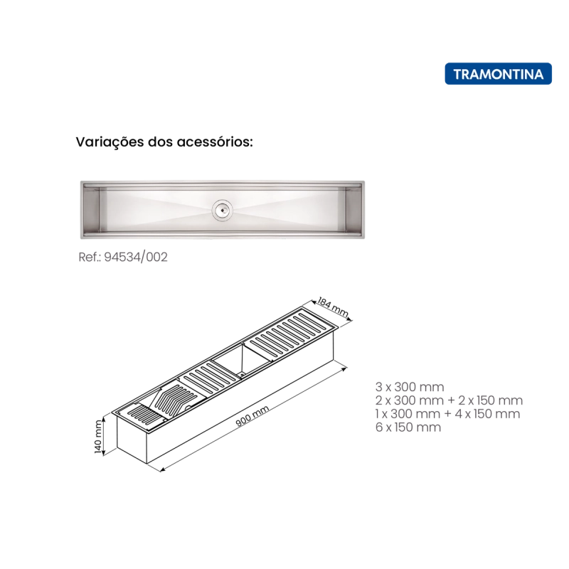 Canal Organizador em Aço Inox Tramontina para Sobrepor com Acabamento Acetinado 90x18 cm