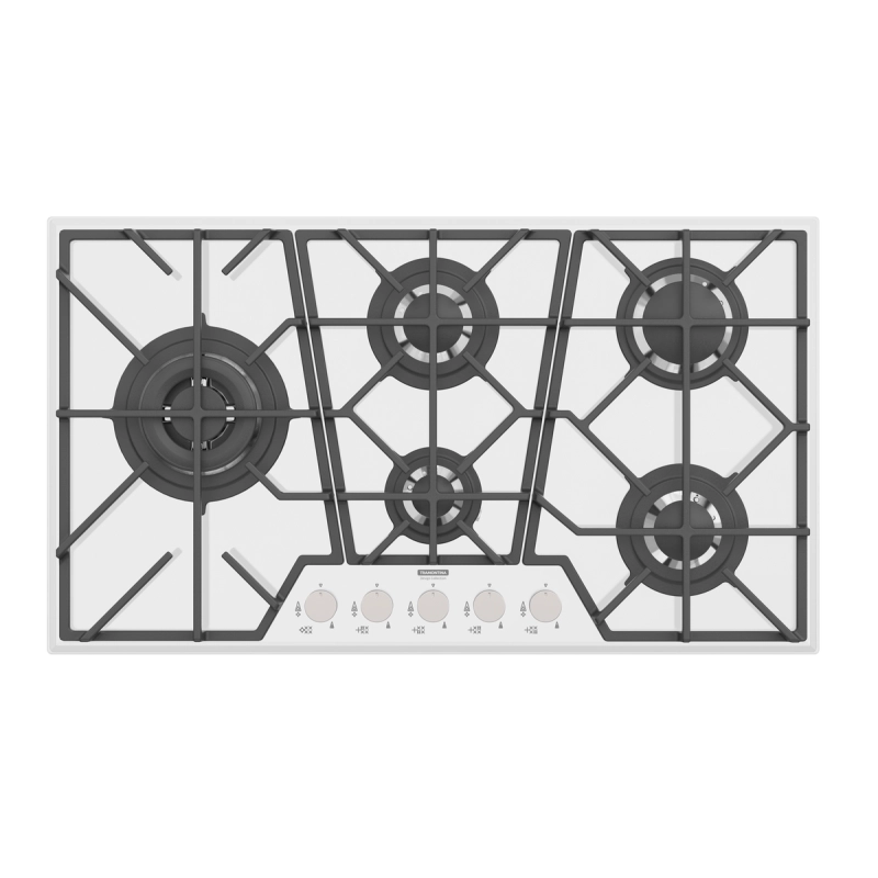 Cooktop a Gás Tramontina Design Collection Penta Glass Full 5 GG W 90 em Vidro Temperado e Trempes em Ferro Fundido