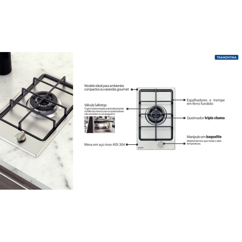 Cooktop a Gás Tramontina Dominó em Aço Inox e Trempes em Ferro Fundido com Acendimento Superautomático 1 Queimador