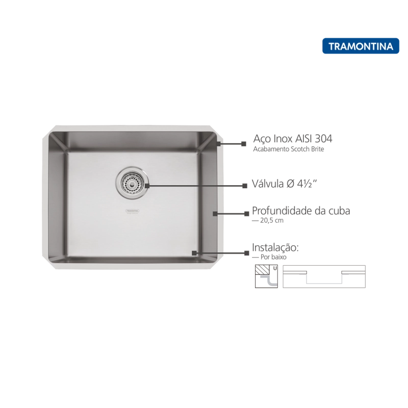 Cuba de embutir Tramontina Design Collection Quadrum Undermount em Aço Inox com Acabamento Acetinado 50 U 50X40 cm