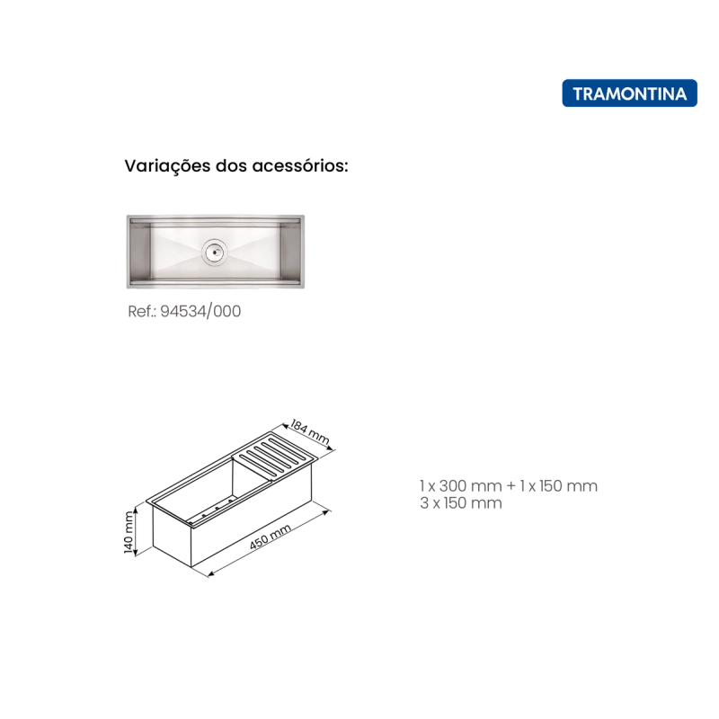 Canal Organizador em Aço Inox Tramontina para Sobrepor com Acabamento Acetinado 45x18 cm