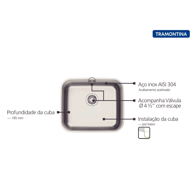 Cuba de Embutir Tramontina Dora 40 BL R6 em Aço Inox Escovado com Válvula e escape 40x34 cm