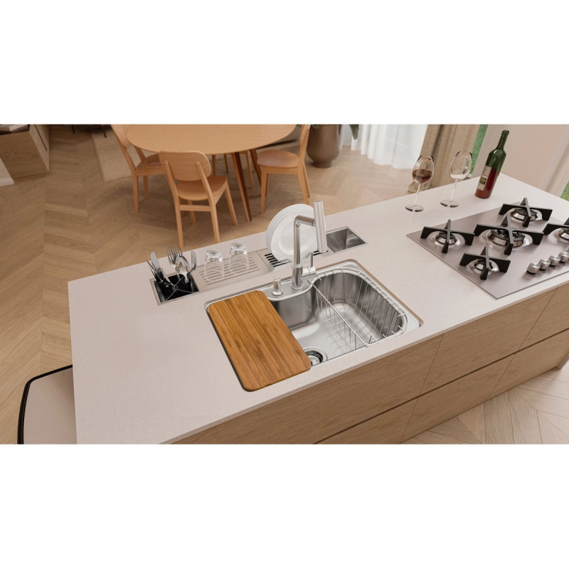 Cuba Tramontina Morgana 60 FX Undermount em Aço Inox com Lixeira de Embutir 5 L, Tábua de Madeira, Dosador de Sabão, Cesto Aramado e Válvula