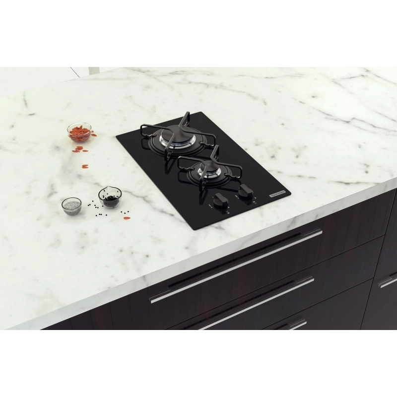 Cooktop a Gás Tramontina Dominó em Vidro Temperado Preto com Trempes em Aço Carbono e Acendimento superautomático 2 Queimadores
