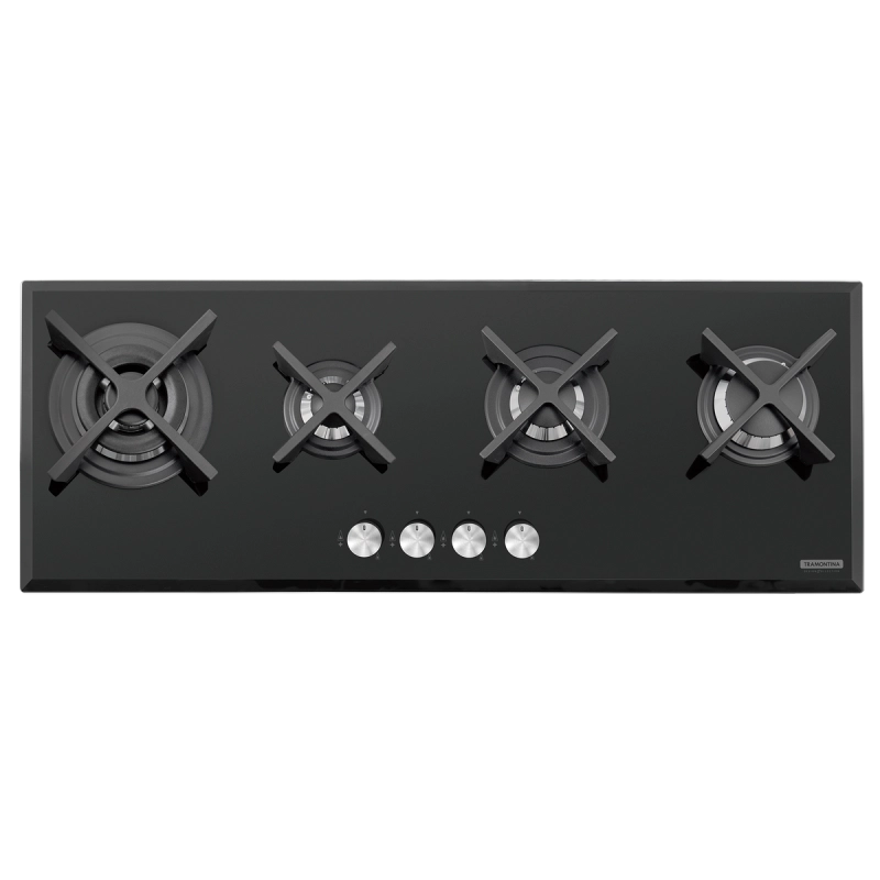 Cooktop a Gás Tramontina Design Collection Slim Glass Flat em Vidro Temperado e Trempes em Ferro Fundido com Acendimento Automático 4 Queimadores