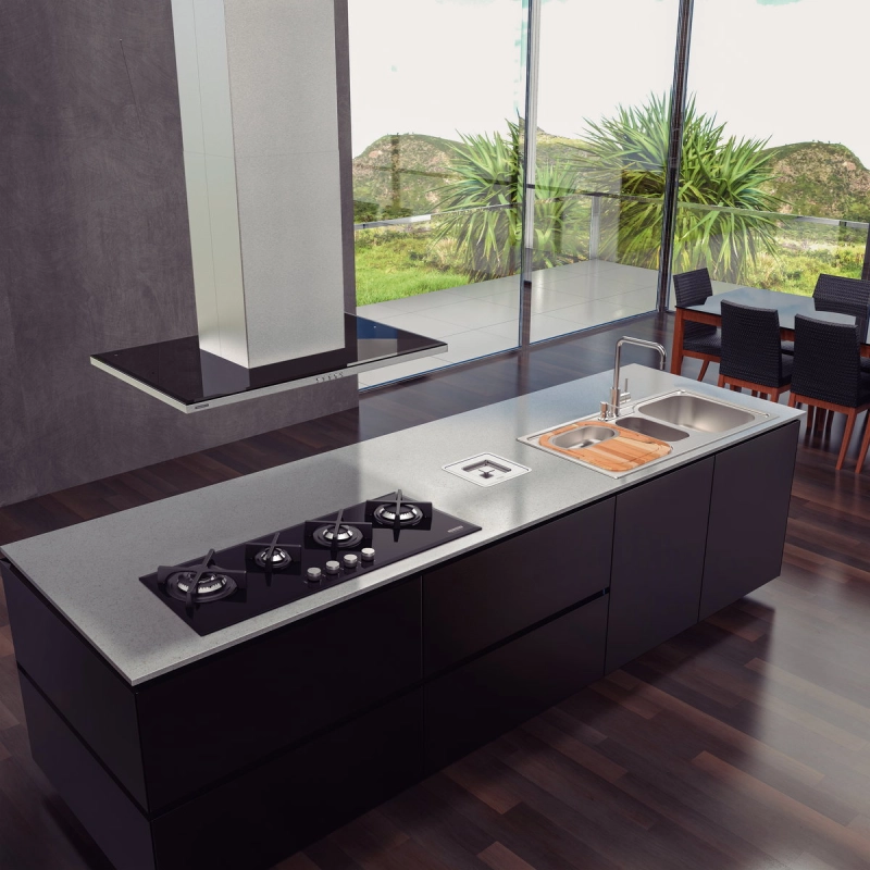 Cooktop a Gás Tramontina Design Collection Slim Glass Flat em Vidro Temperado e Trempes em Ferro Fundido com Acendimento Automático 4 Queimadores