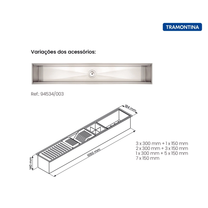 Canal Organizador em Aço Inox Tramontina para Sobrepor com Acabamento Acetinado 105x18 cm