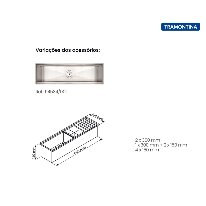 Canal Organizador em Aço Inox Tramontina para Sobrepor com Acabamento Acetinado 60x18 cm