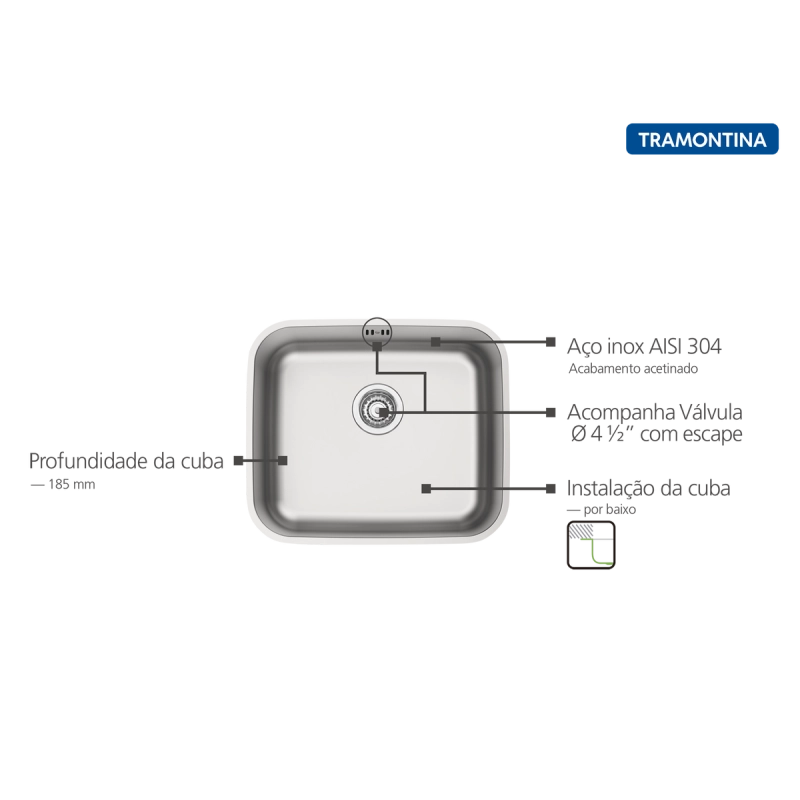 Cuba de Embutir Tramontina Dora 40 BL R6 em Aço Inox Escovado com Válvula e escape 40x34 cm