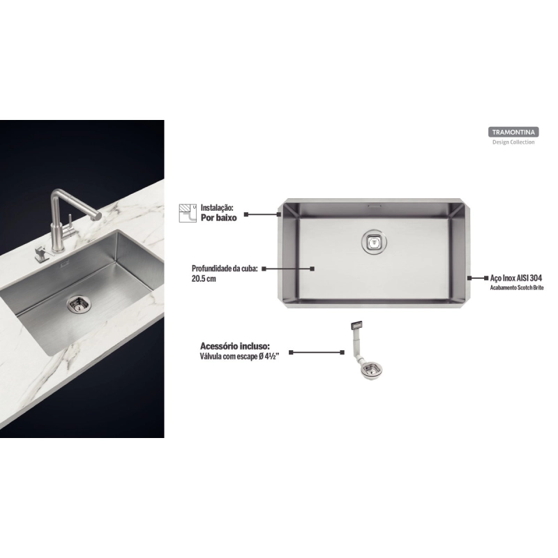 Cuba de embutir Tramontina Design Collection Quadrum Undermount em Aço Inox com Acabamento Acetinado 70 U 74x44 cm