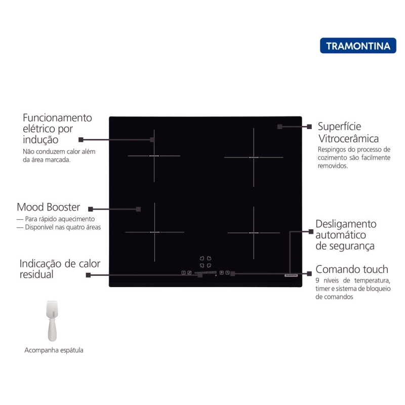 Cooktop por Indução Tramontina Square Slider B 4EI 60 Vitrocerâmico com 4 Áreas de Aquecimento e Comando Touch