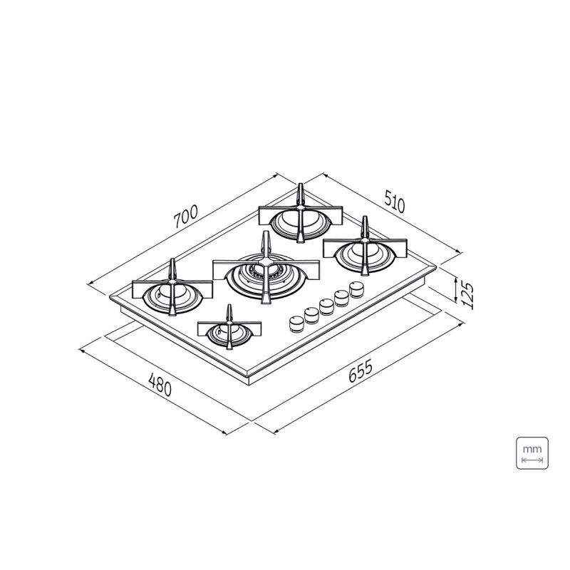 Cooktop a Gás Tramontina Design Collection Penta Inox Flat 5 GX 70 em Aço Inox e Trempes em Ferro Fundido com Acendimento Automático e 5 Queimadores