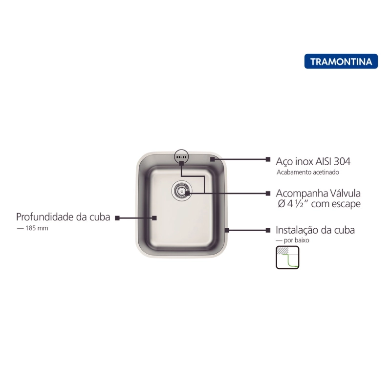 Cuba de Embutir Tramontina Dora 34 BL R6 em Aço Inox Escovado com Válvula e escape 34x40 cm