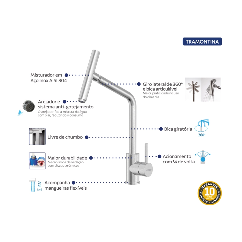 Monocomando Tramontina Versa em Aço Inox com Bica Articulada