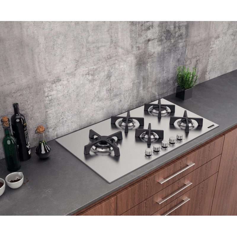 Cooktop a Gás Tramontina Design Collection Penta Inox Flat 5 GX 90 em Aço Inox e Trempes em Ferro Fundido com Acendimento Automático e 5 Queimadores