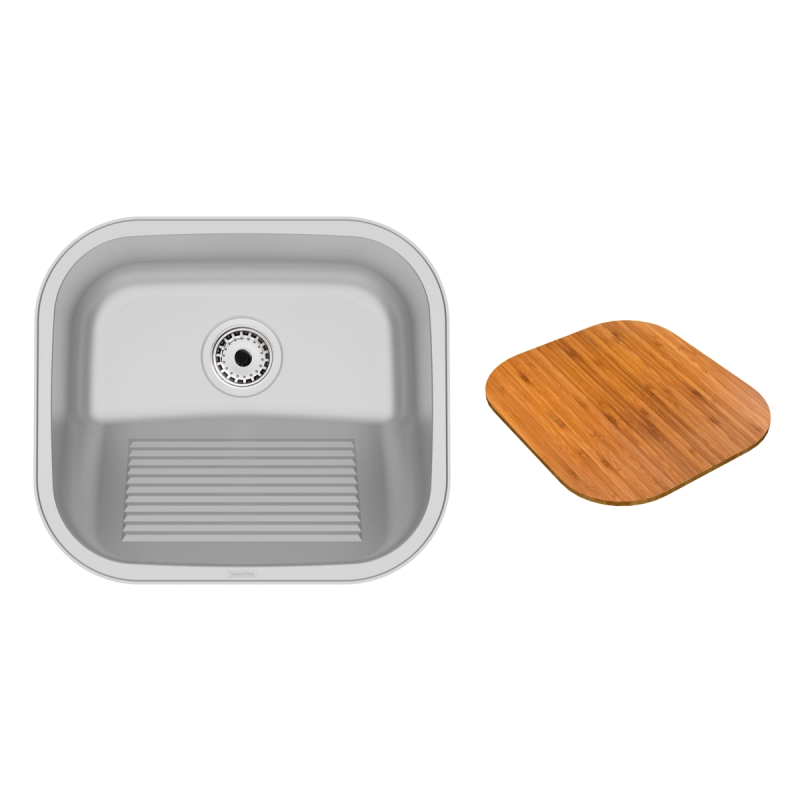 Tanque de Encaixe Tramontina Hera Compact 19 em Aço Inox Escovado 40x35 cm com Tábua de Madeira
