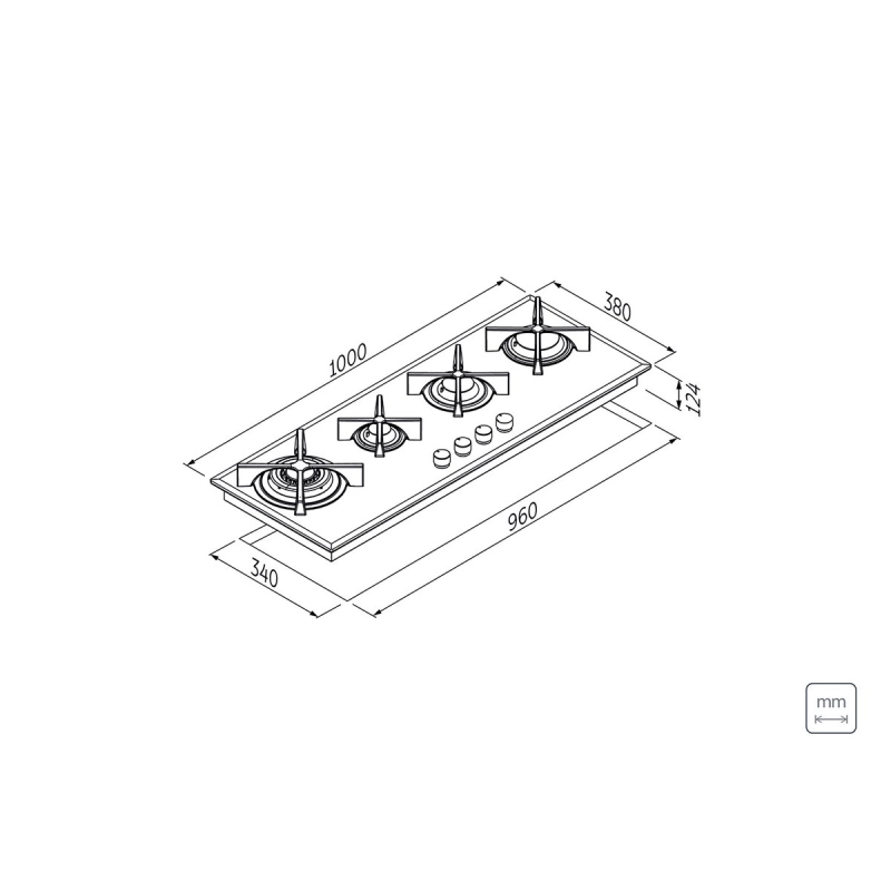 Cooktop a Gás Tramontina Design Collection Slim Glass Flat em Vidro Temperado e Trempes em Ferro Fundido com Acendimento Automático 4 Queimadores