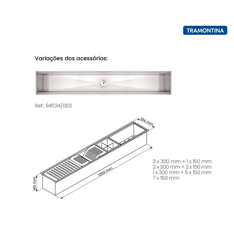 Canal Organizador em Aço Inox Tramontina para Sobrepor com Acabamento Acetinado 105x18 cm