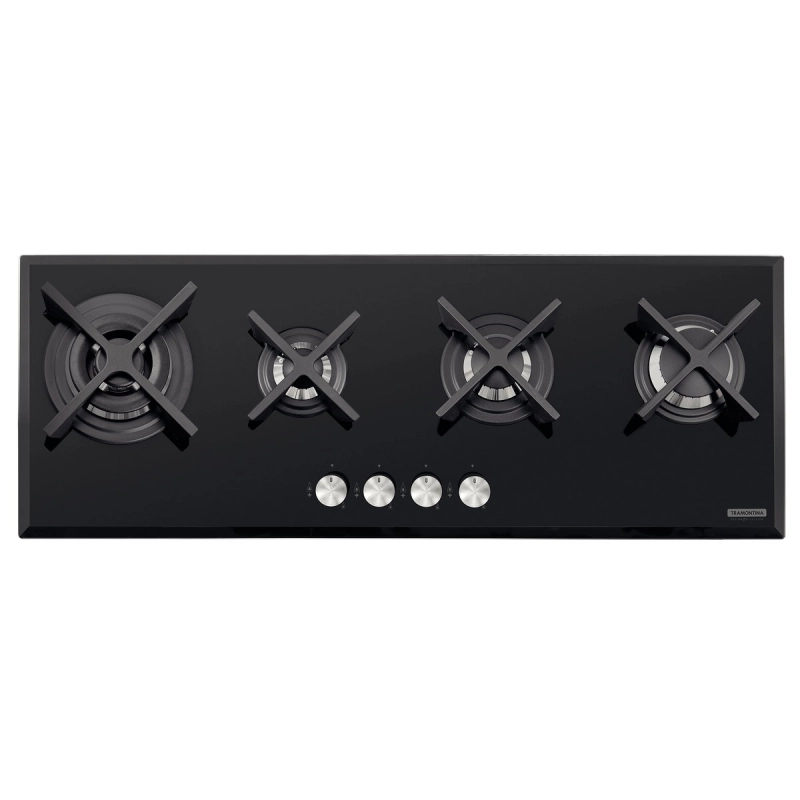 Cooktop a Gás Tramontina Design Collection Slim Glass Flat em Vidro Temperado e Trempes em Ferro Fundido com Acendimento Automático 4 Queimadores