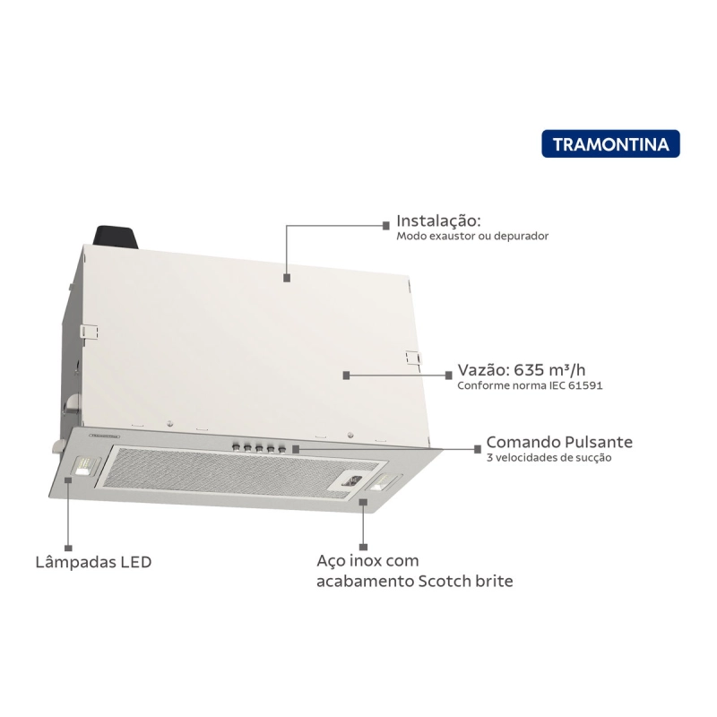 Coifa de Embutir Tramontina Incasso 51 em Aço Inox com Acabamento Acetinado 51 cm 127 V