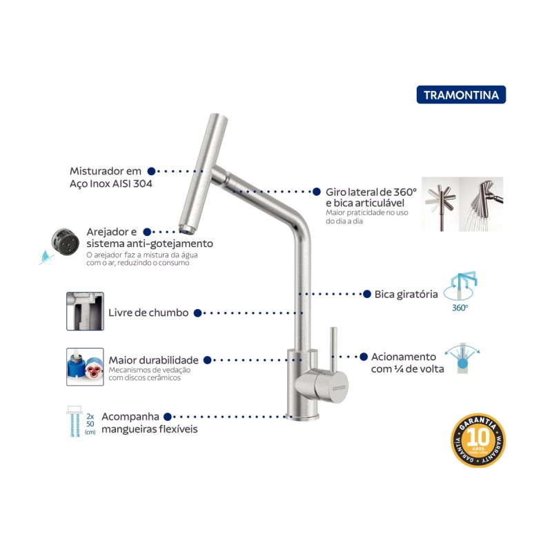 Monocomando Tramontina Versa em Aço Inox com Bica Articulada